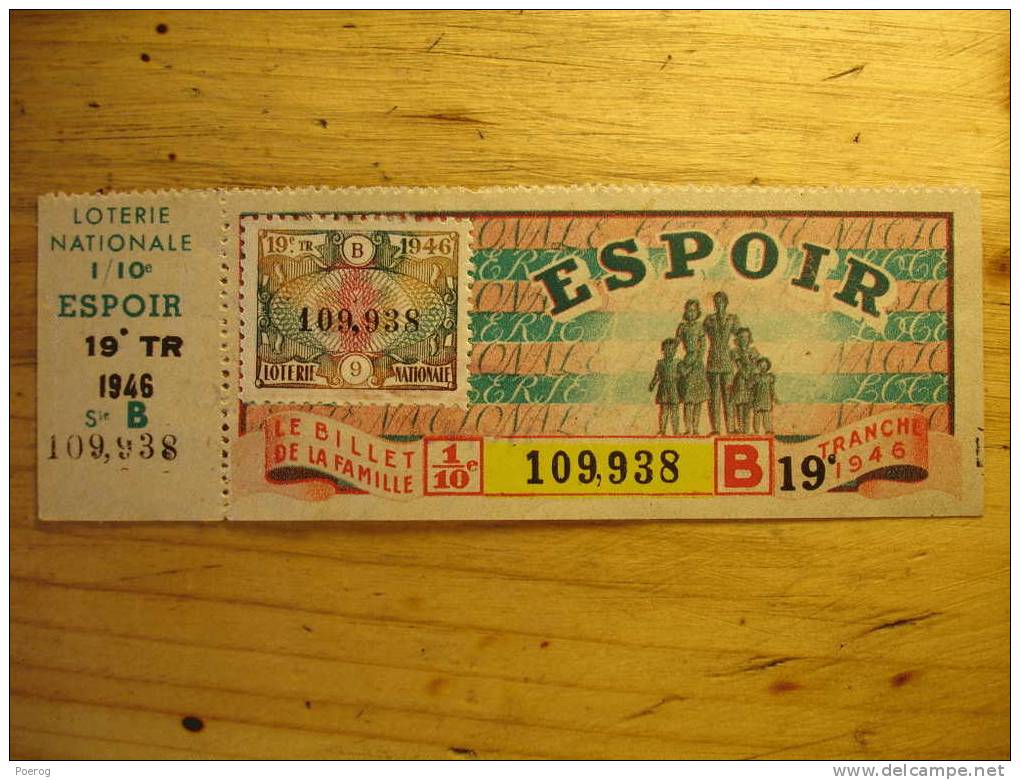 ANCIEN BILLET DE LOTERIE DE 1946 - ESPOIR - Le Billet De La Famille - Timbré - Lottery Tickets