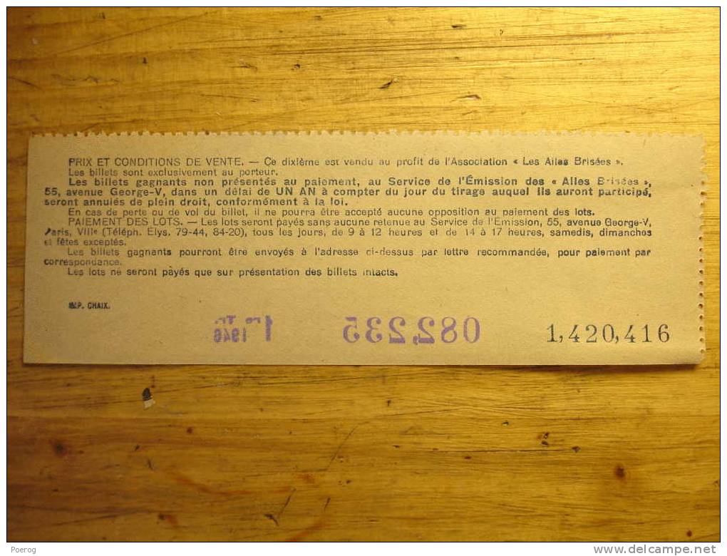 ANCIEN BILLET DE LOTERIE DE 1946 - LES AILES BRISEES - Avion, Aviation - Timbré - Lottery Tickets