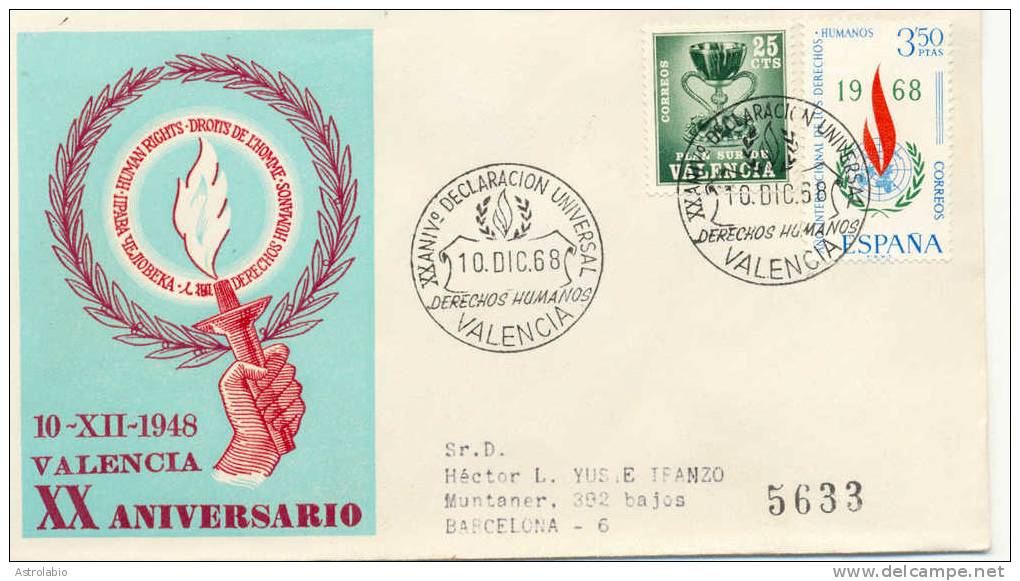1968 " Declaración Derechos Humanos " Obliteration Valencia Recommande - Franking Machines (EMA)