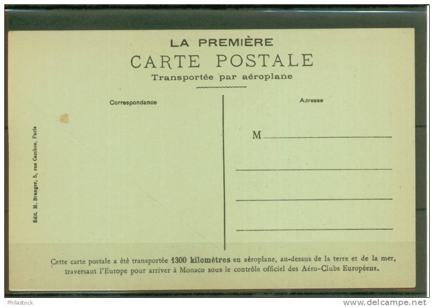 MONACO POSTE AERIENNE Précurseur 1914 S/carte Officielle Du Rallye - Poste Aérienne