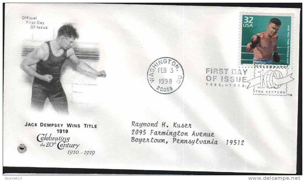 Fdc Usa 1998 Sports Boxe Jack Dempsey 1919 - Boxing