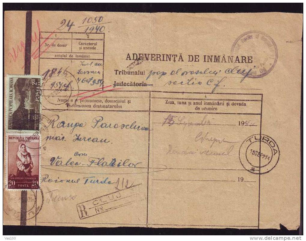 1952 Document,"Adeverinta De Inmanare"Registred, Stamp ,from Cluj Send To Turda !  RRR - Brieven En Documenten