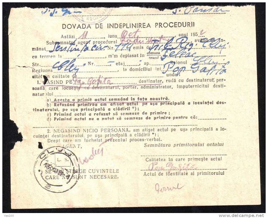 "Dovada De Indeplinirea Procedurii" Document,Registred,  With Stamp 1952 RRR, - Covers & Documents