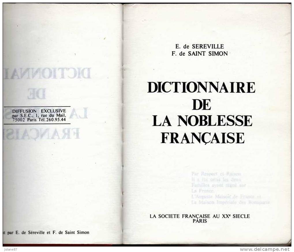 DICTIONNAIRE DE LA NOBLESSE FRANCAISE   -   SEREVILLE/SAINT SIMON - Dictionaries