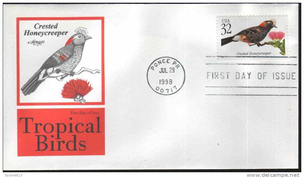 Fdc Usa 1998 Oiseaux Tropicaux Crested Honeycreeper - Perroquets & Tropicaux