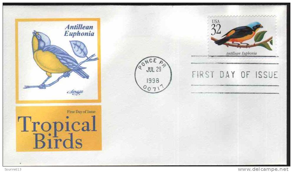Fdc Usa 1998 Oiseaux Tropicaux Antillean Euphonia Perruche - Papagayos
