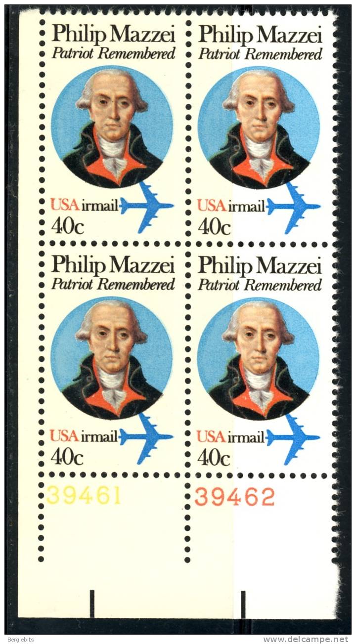 1980 US Airmail MNH Plate Block Of 4 " Philip Mazzei" Patriot Remembered - Plate Blocks & Sheetlets