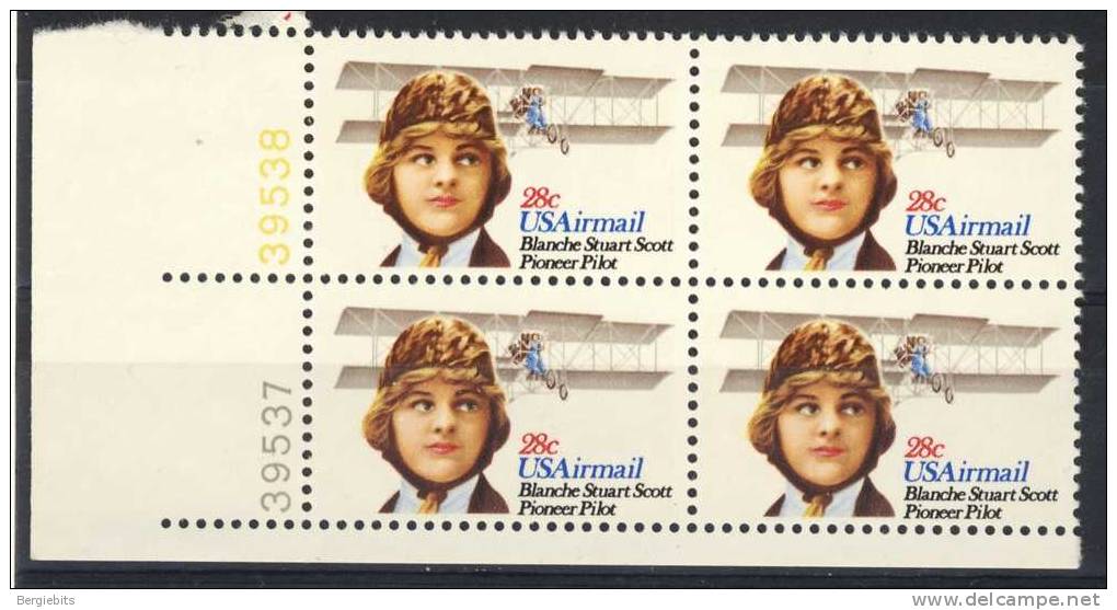 1980 US Airmail MNH Plate Block Of 4 "Blanche Stuart Scott" With Biplane - Plate Blocks & Sheetlets