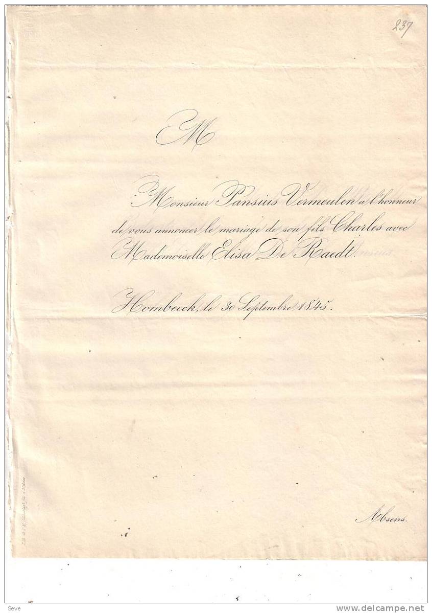 HOMBEECK MECHELEN Mariage 1845 Charles PANSIUS Et Elisa De RAEDT Les 2 Faire-parts échangés - Other & Unclassified