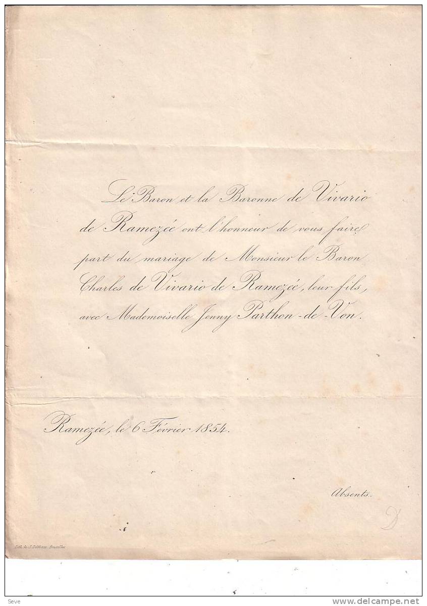 RAMEZEE BRUXELLES Mariage 1854 Charle De VIVARIO De RAMEZEE Et PARTHON De VON Les 2 Faire-parts échangés - Other & Unclassified