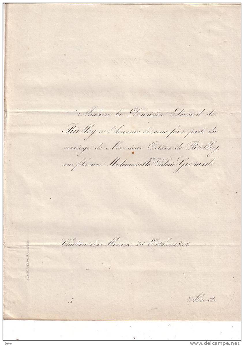 VERVIERS MAZURES ROCHETTE Mariage 1858 Octave De BIOLLEY Et Valérie GRISARD Les 2 Faire-parts échangés - Other & Unclassified