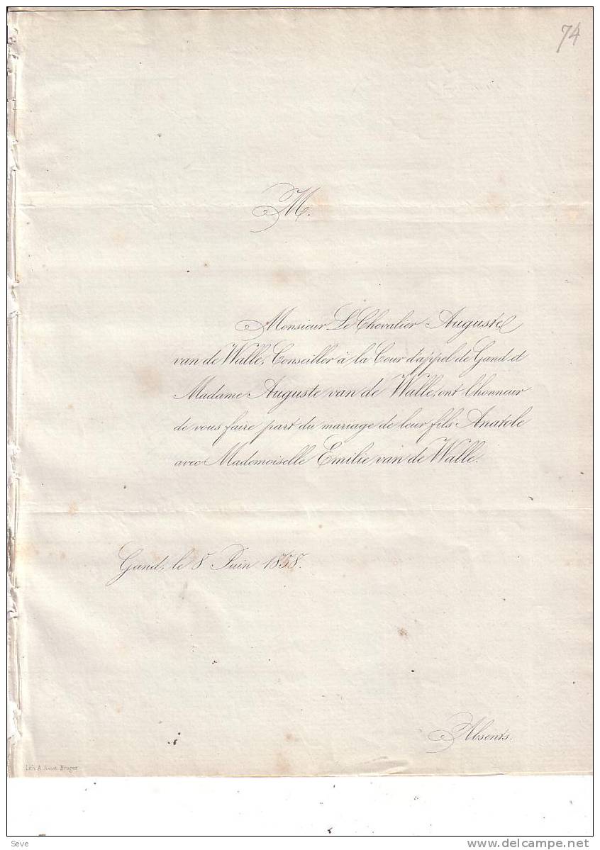 GAND BRUGES 1858 Mariage Anatole Van De WALLE Et Emilie Van De WALLE Les 2 Faire-parts échangés - Other & Unclassified