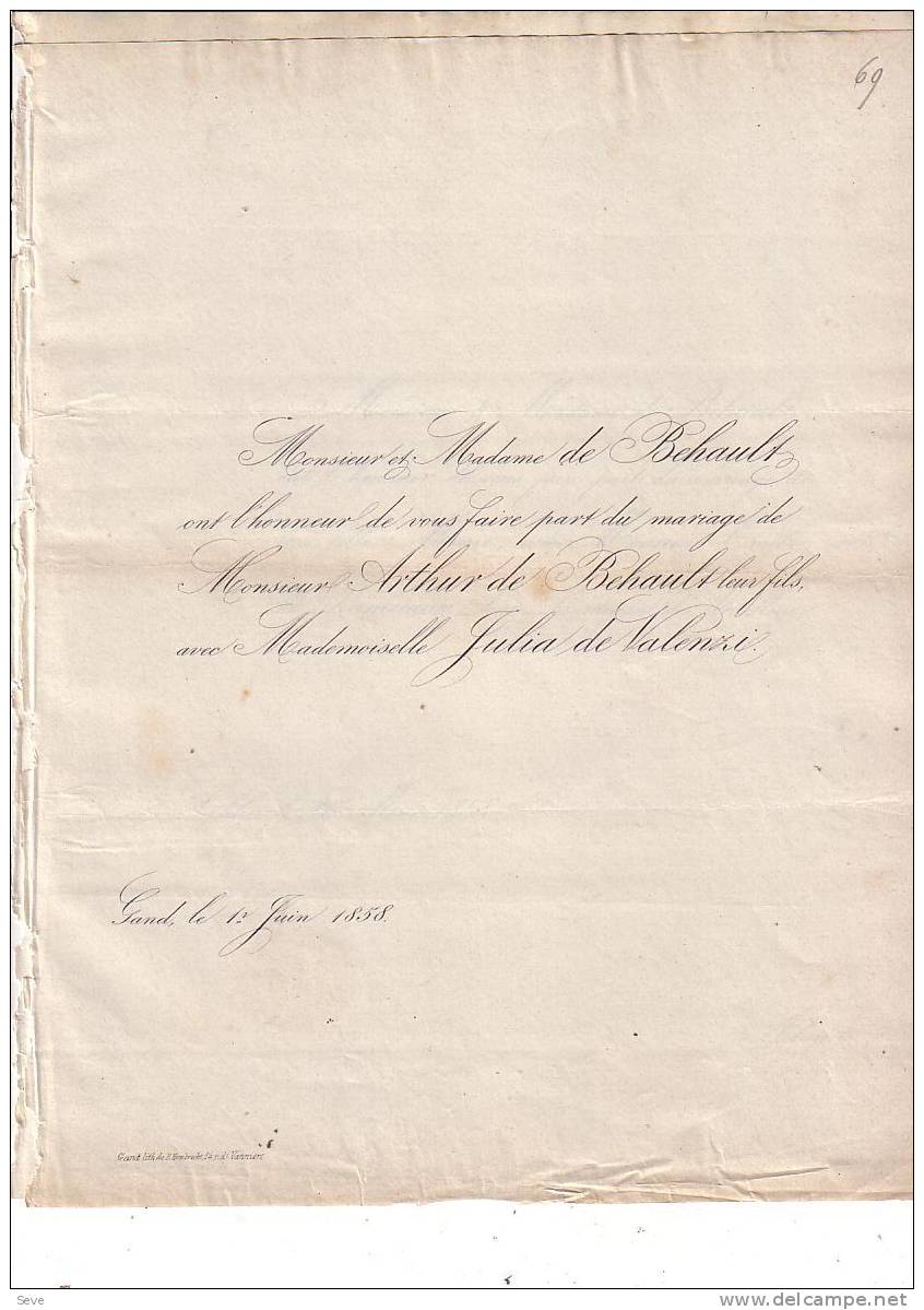 GAND GHLIN Mariage 1858 Arthur De BEHAULT Et Julia De VALENZI Les 2 Faire-parts échangés - Other & Unclassified