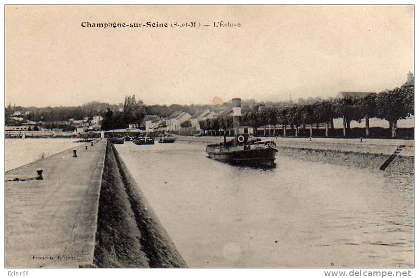 77 - CHAMPAGNE SUR SEINE -CPA  Année   1920 LE REMORQUEUR  MESANGE    L\'ECLUSE -LES QUAIS SEINE- PENICHES - Champagne Sur Seine