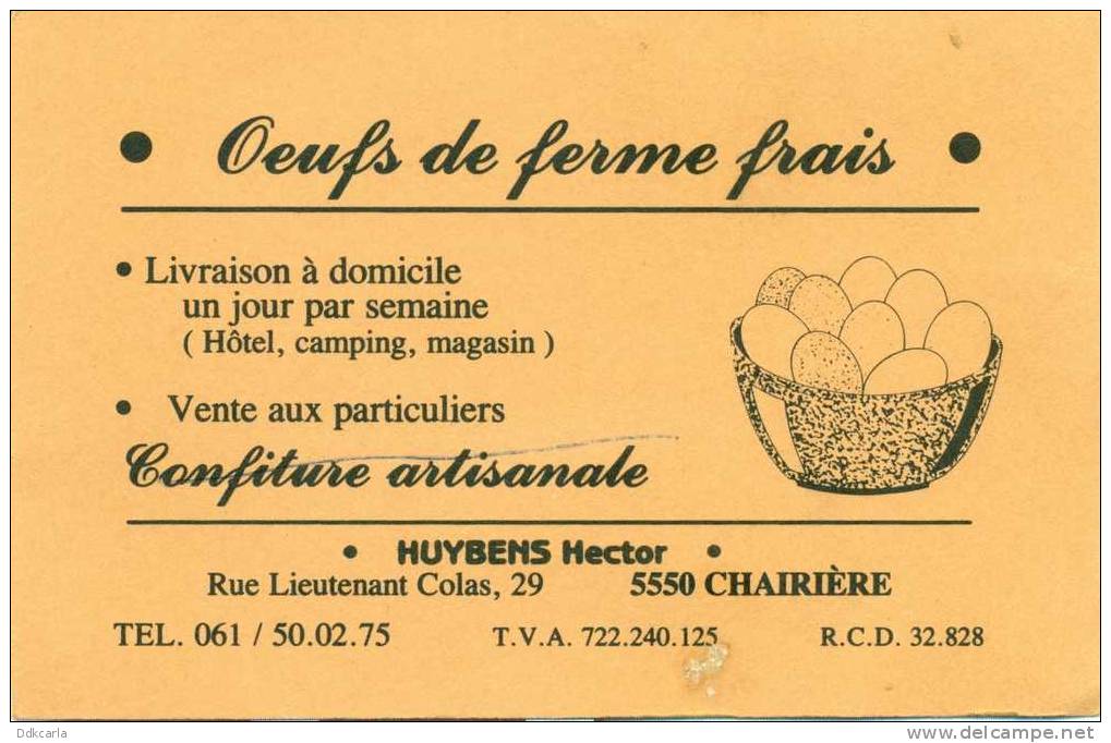 Visitekaart Huybens Hector - Oeufs De Ferme Frais - Rue Lieutenant Colas, 29 - 5550 Chairière - Cartes De Visite