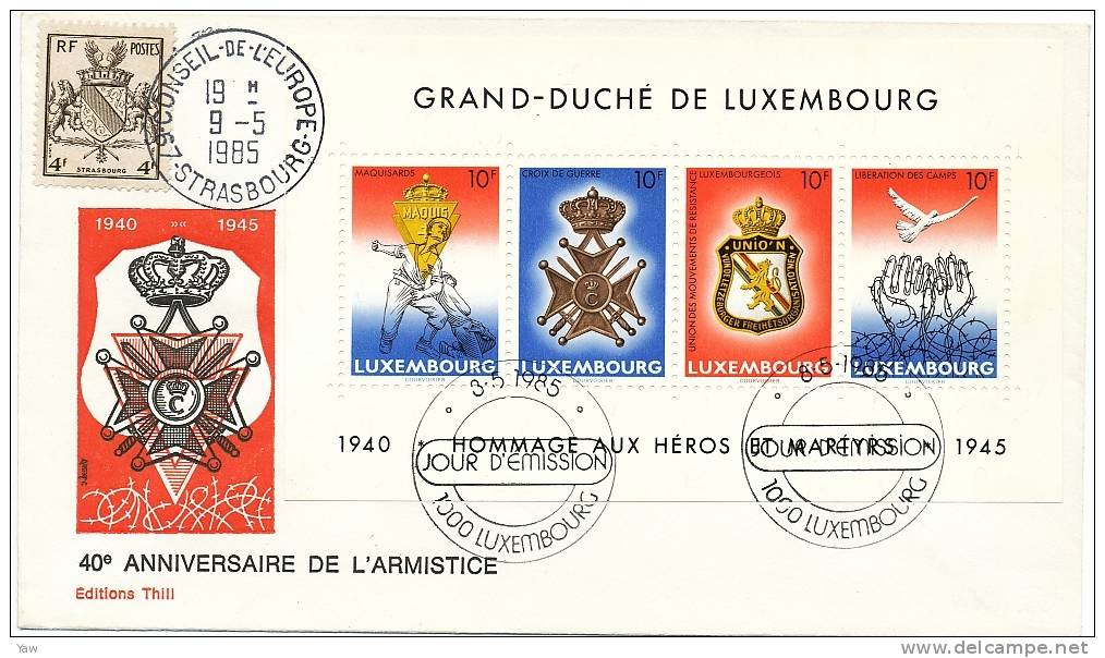 LUSSEMBURGO 1985 FDC NUMERATA: 40° ANNIV. ARMISTIZIO. EDIZ. LIMITATA 03/100 + SECONDO ANNULLO STRASBOURG CONSIGLIO EUR - WW2