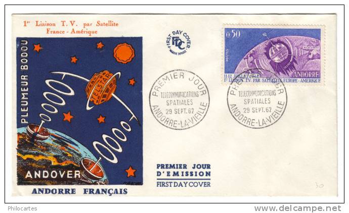 ANDORRE -  FDC  29 Sept  1962  -  ANDOVER Liaison TV Par Satellite - FDC