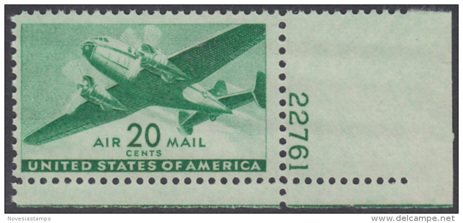 !a! USA Sc# C029 MNH SINGLE From Lower Right Corner W/ Plate-# (LR/22761) - Transport Plane - 2b. 1941-1960 Nuovi