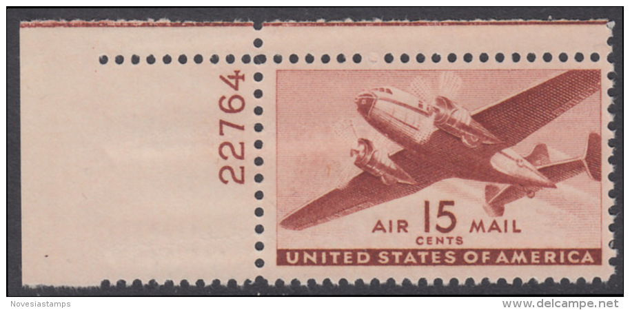 !a! USA Sc# C028 MNH SINGLE From Upper Left Corner W/ Plate-# (UL/22764) - Transport Plane - 2b. 1941-1960 Unused