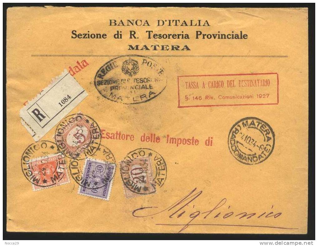 1934 ECCEZIONALE BUSTA A 4 COLORI CON SEGNATASSE DA MATERA A MIGLIONICO - Taxe