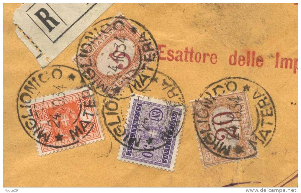1934 ECCEZIONALE BUSTA A 4 COLORI CON SEGNATASSE DA MATERA A MIGLIONICO - Postage Due