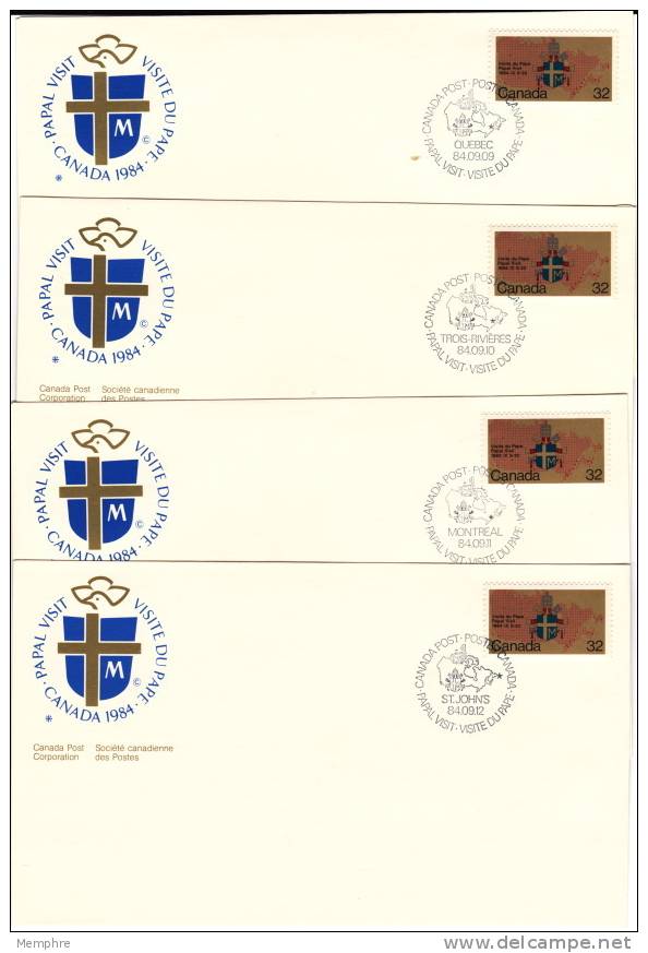 1984  Visite Papale Au Canada Série De 10 Enveloppes Oblitérations Spéciales Des Villes Visitées Par Le Pape - Commemorative Covers