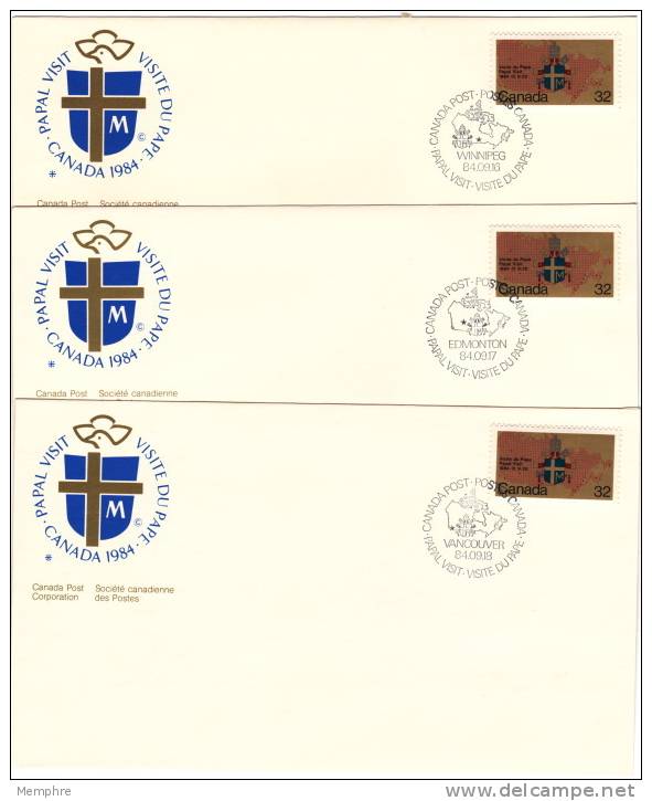 1984  Visite Papale Au Canada Série De 10 Enveloppes Oblitérations Spéciales Des Villes Visitées Par Le Pape - Gedenkausgaben