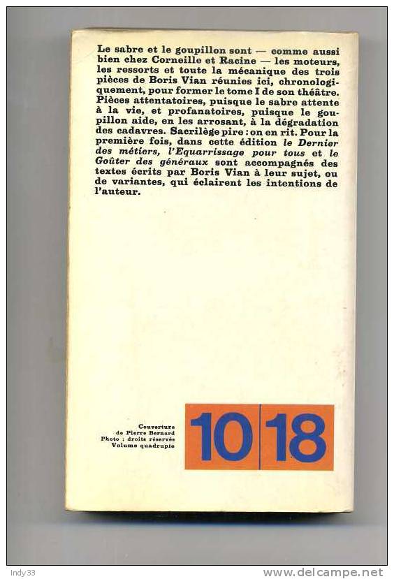 - THEATRE 1  . PAR B. VIAN  . COLL. 10/18  N° 525   1971 - Auteurs Français