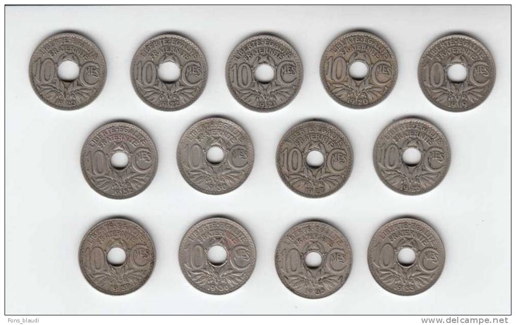 Lot De 13 Pièces De 10 Centimes LINDAUER Années : 1919/20/21/22/23/25/27/30/32/33/35/36/37 - Autres & Non Classés