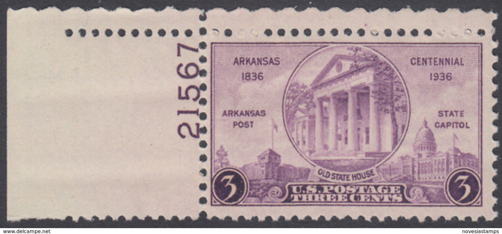 !a! USA Sc# 0782 MLH SINGLE From Upper Left Corner W/ Plate-# 21567 - Arkansas - Unused Stamps