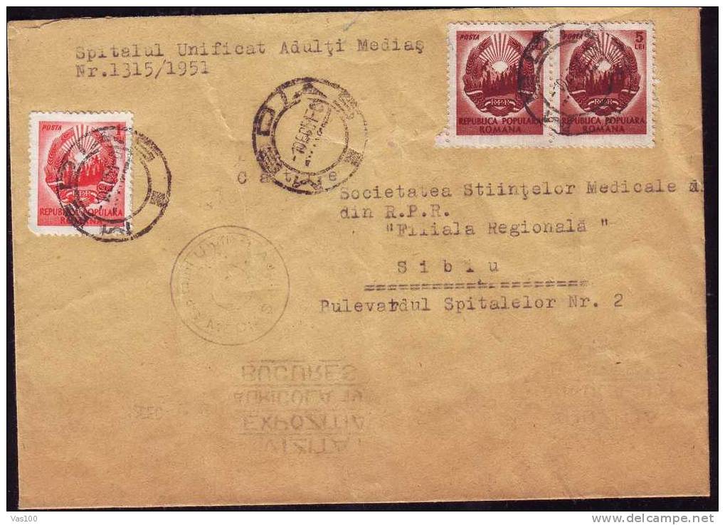 Coat Of Arms,1951 Cover,5 Lei In Pair + 1 Leu,rare Combination Franking,cancell "Spitalul Unificat Medias" - Lettres & Documents