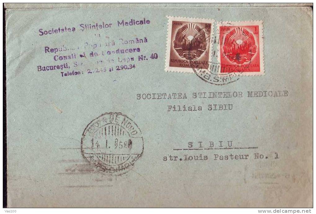 Coat Of Arms,1952 Cover,10 Lei + 1 Leu,rare Combination Franking,"Societatea Stiintelor Medicale" - Lettres & Documents