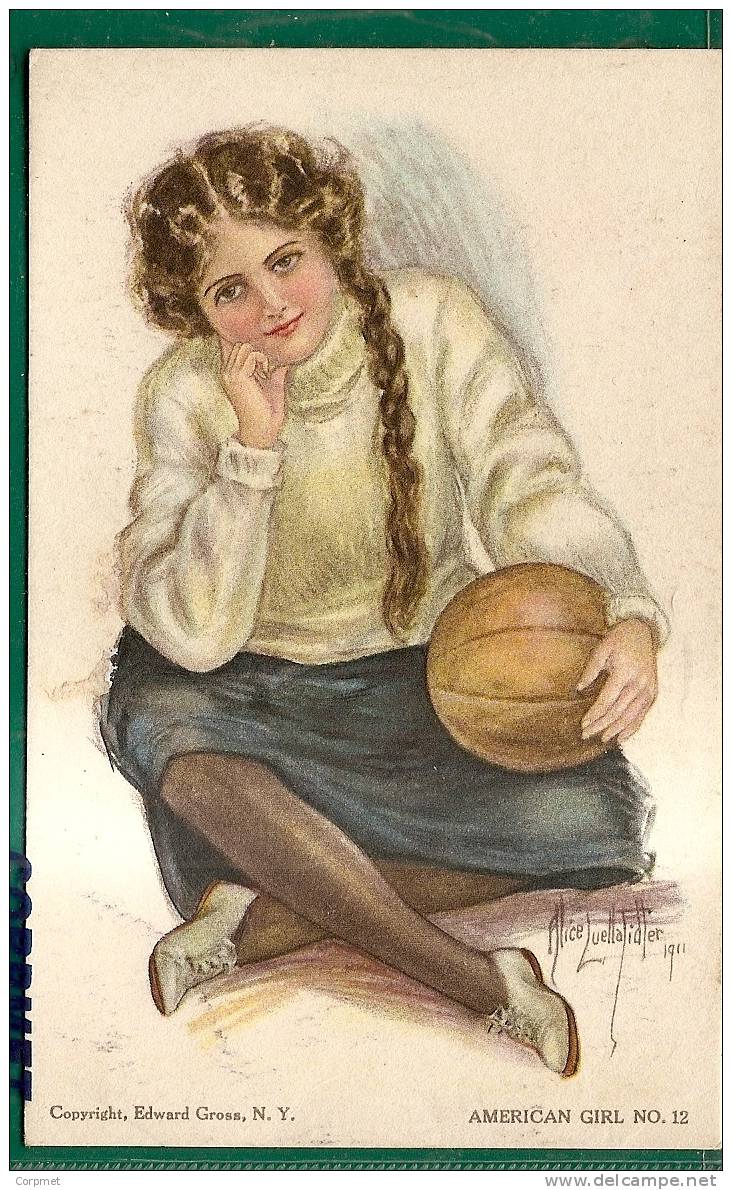 GIRL With BASKET BALL - UNUSED 1911 POSTCARD Artist Signed ALLICE LUELLA TIDLER - Ed. Edward Gross, NY  -FIDLER COLLEGE - Basket-ball