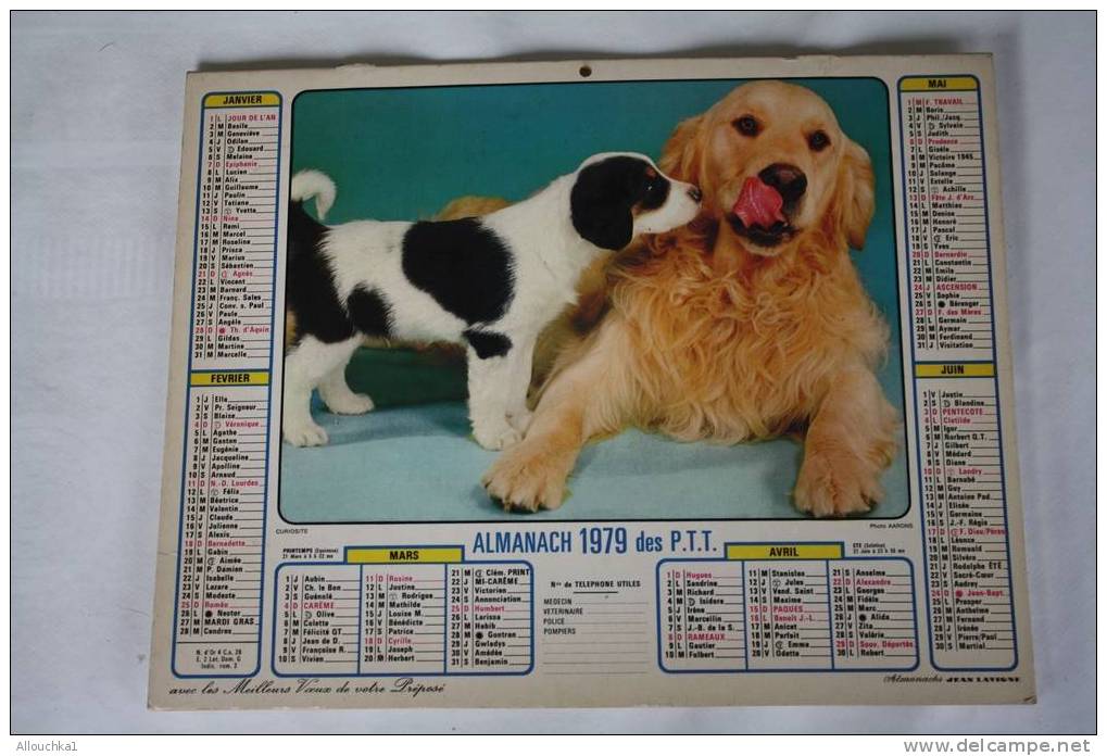 1979 -CALENDRIER ALMANACH DOUBLE PHOTOS  DES PTT CHIENS CHIOT - Grossformat : 1971-80