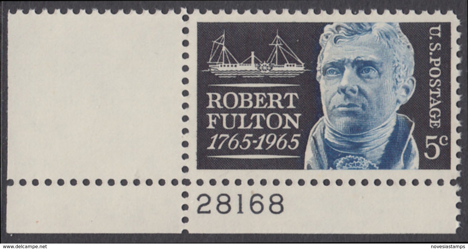 !a! USA Sc# 1270 MNH SINGLE From Lower Left Corner W/ Plate-# 28168 - Robert Fulton - Unused Stamps