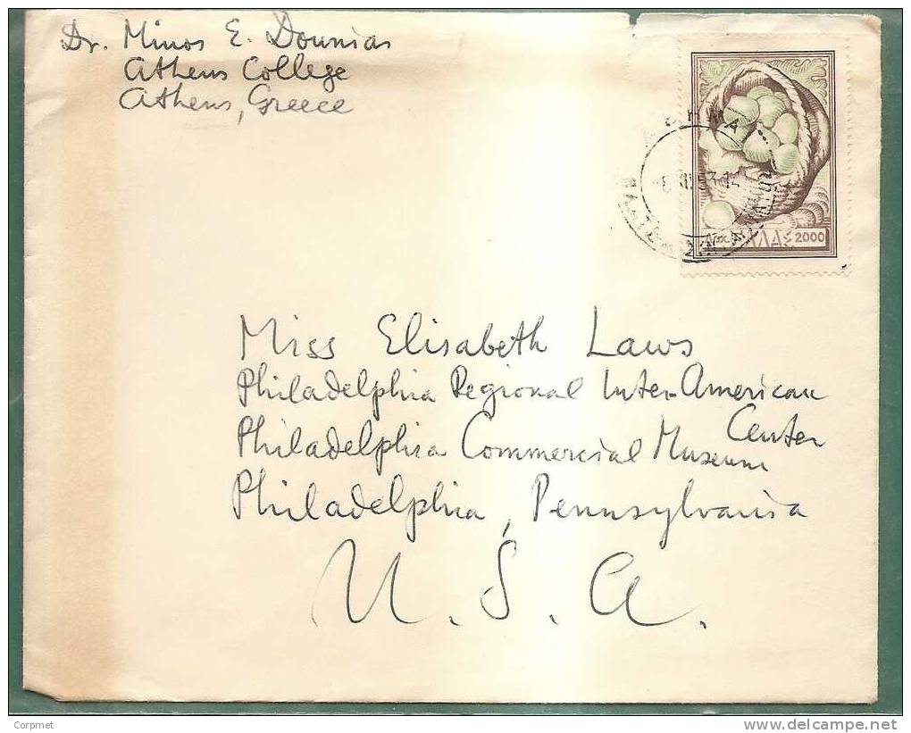 GREECE - VF 1953 COVER ATHENES To PHILADELPHIA - Fruits Solo Stamp - Briefe U. Dokumente
