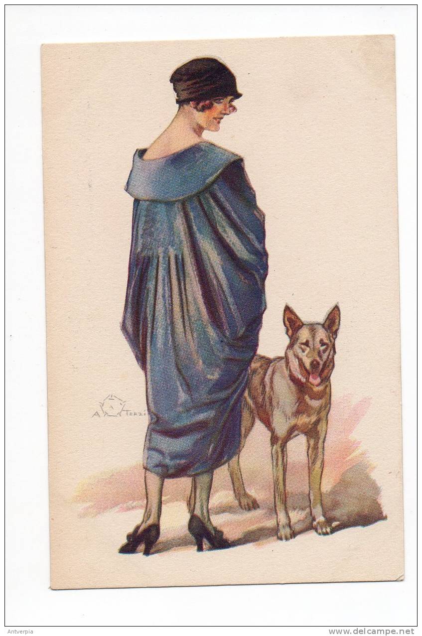 ALEARDO TERZI Carte Art Deco Femme + Chien ( Carte Ecrite Mais Pas Envoye Original Pas De Reproduction) TBE Voir Scan - Altri & Non Classificati