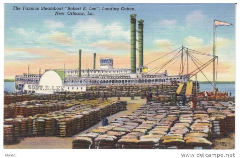 Rober E. Lee Paddle-wheel River Steamboat Load Cotton On New Orleans LA Dock, Curteich 1939 Linen Postcard - New Orleans