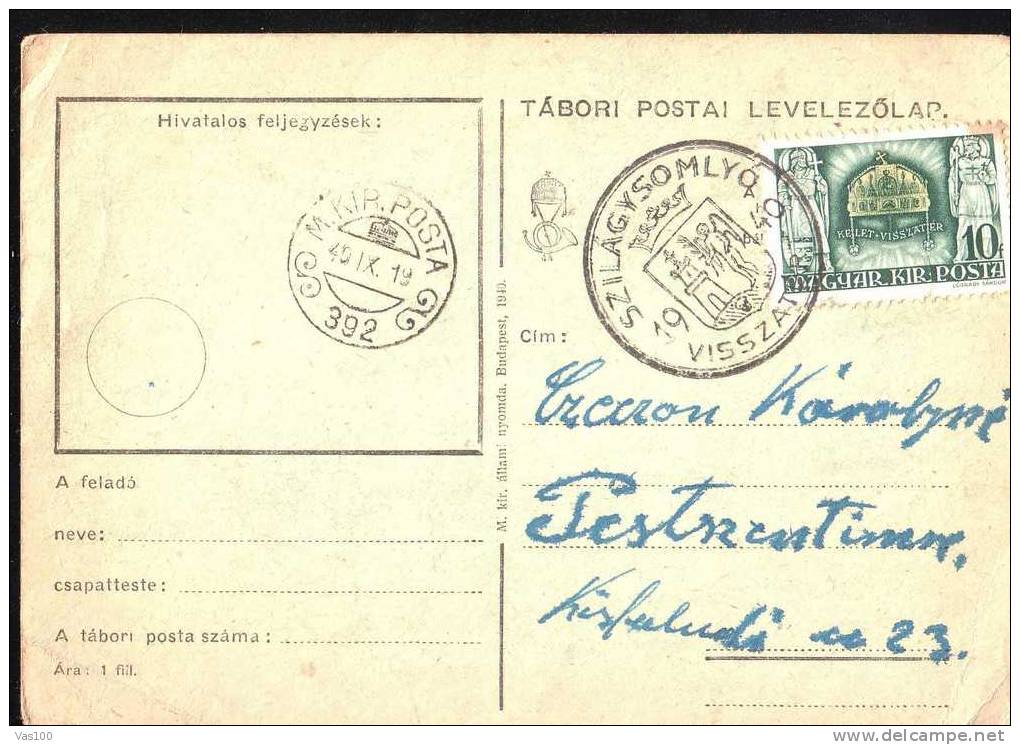 Romania Occ. Hungary 1940 PC "VISSZATERT SZILAGYSOMLYO" CENSORED VISSZATER  Stamp! - Occupations