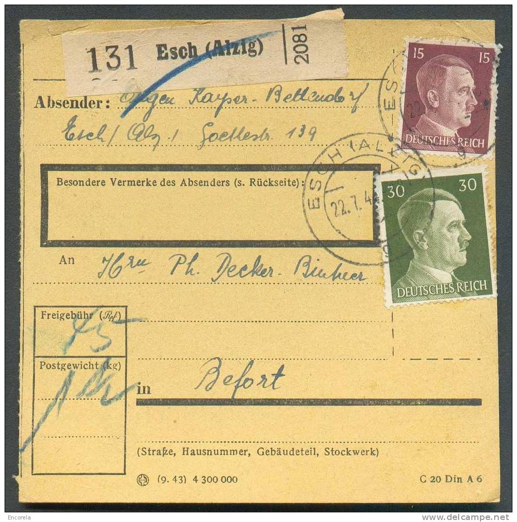 15 Et 30 Pfg Hitler Obl. Dc ESCH (ALZETTE) S/coupon Mandat Du 22-7-1944 Vers Befort. TB - 4471 - 1940-1944 Duitse Bezetting