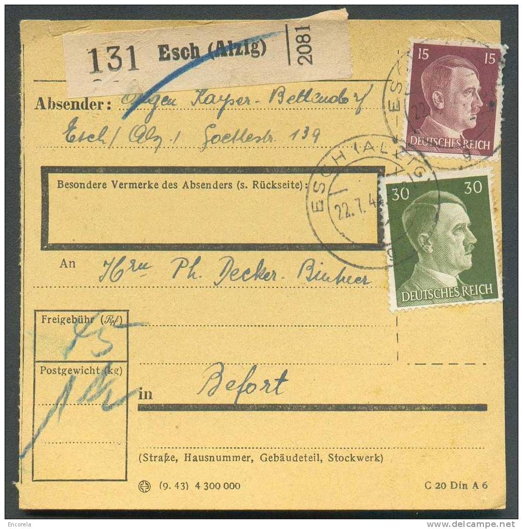 15 Et 30 Pfg Hitler Obl. Dc ESCH (ALZETTE) S/coupon Mandat Du 22-7-1944 Vers Befort. TB - 4471 - 1940-1944 German Occupation