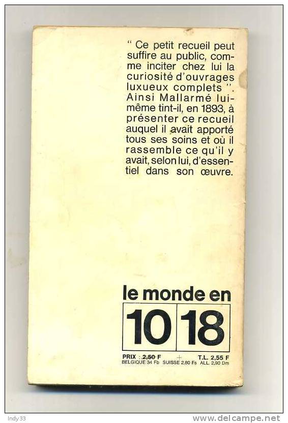 - VERS ET PROSE . PAR S. MALLARME  . COLL. 10/18  N° 278    1965 - Auteurs Français