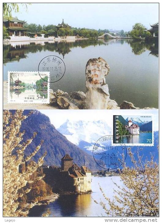 CHINE 1998/26 - MC35 Conjointe Chine / Suisse - Lacs & Monuments - Maximum Cards