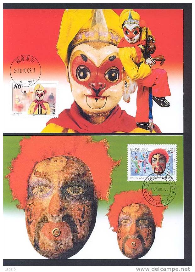 CHINE 2000/19 - MC44 Conjointe Brésil - Chine - Marionettes & Masques - Maximum Cards