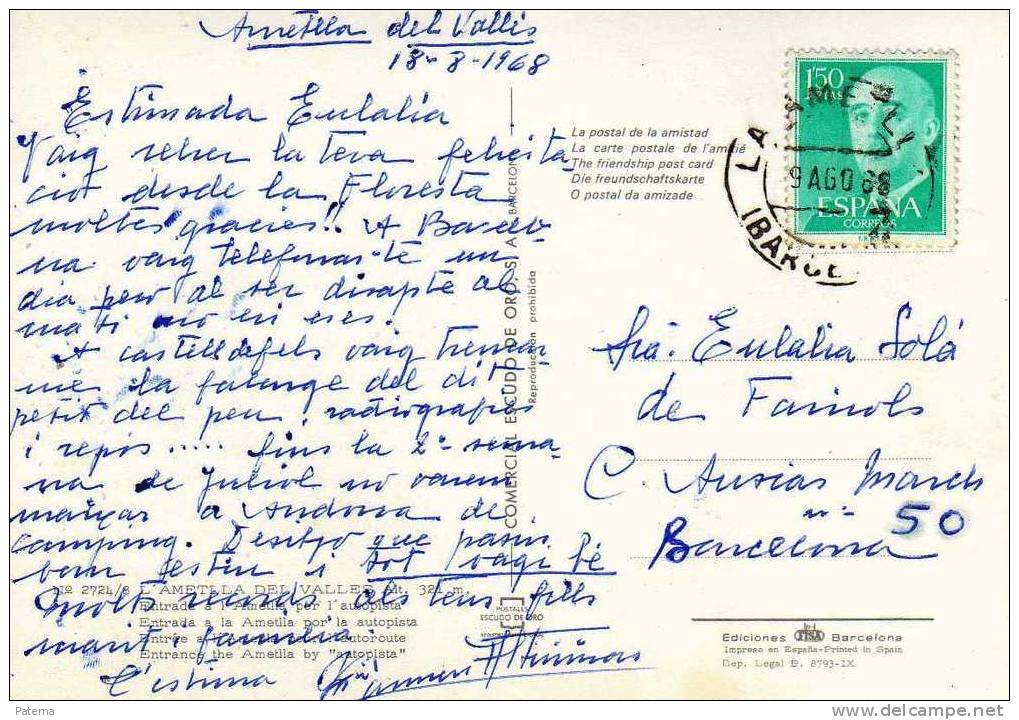 3753  Postal La Ametlla Del Valles ( Barcelona) 1968, - Storia Postale