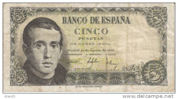 Spain 5 Pesetas 1951 Banknote Currency Krause #140 - 5 Pesetas