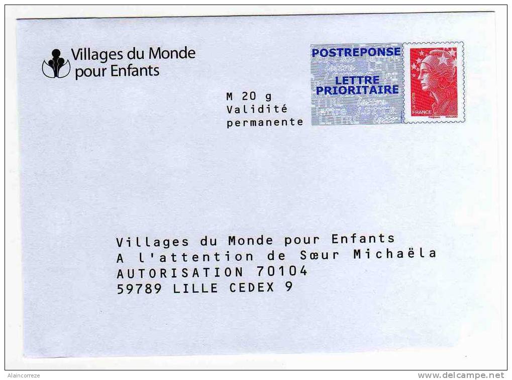 Entier Postal PAP Réponse POSTREPONSE Villages Du Monde Pour Enfants Nord Lille Autorisation 70104 N° Au Dos: 09P140 - PAP: Antwort/Beaujard