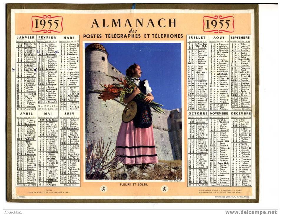 CALENDRIER GRAND FORMAT PHOTO D'UNE PROVENCALE LEGENDE FLEURS ET SOLEIL 1955 - Groot Formaat: 1941-60
