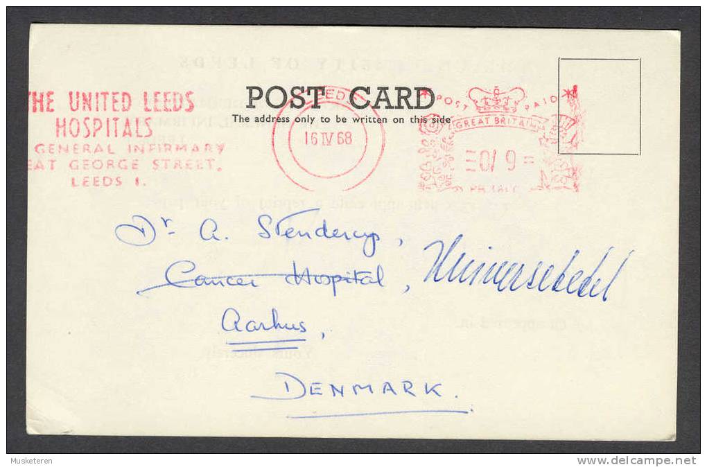 Great Britain United LEEDS Hospitals Meter Stamp Cancel Card 1968 To Aarhus Denmark - Postmark Collection