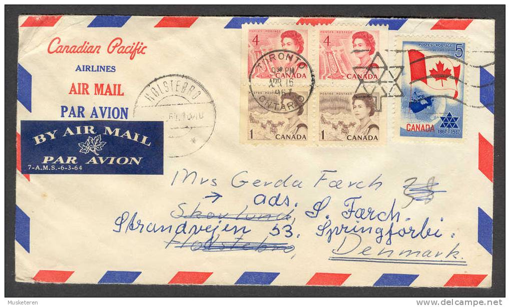 Canada Candian Pacific Airlines Hotels Airmail Par Avion Label Booklet Toronto 1967 Cancel Readressed Cover To Denmark - Airmail